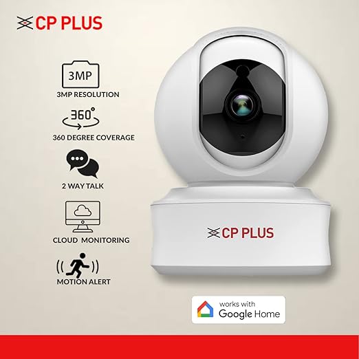 CP PLUS 3MP Full HD Smart Wi-fi CCTV Home Security Camera | 360° View | 2 Way Talk | Cloud Monitor | Motion Detect | Night Vision | Supports SD Card, Alexa & Ok Google | 15 Mtr, White- CP-E31A